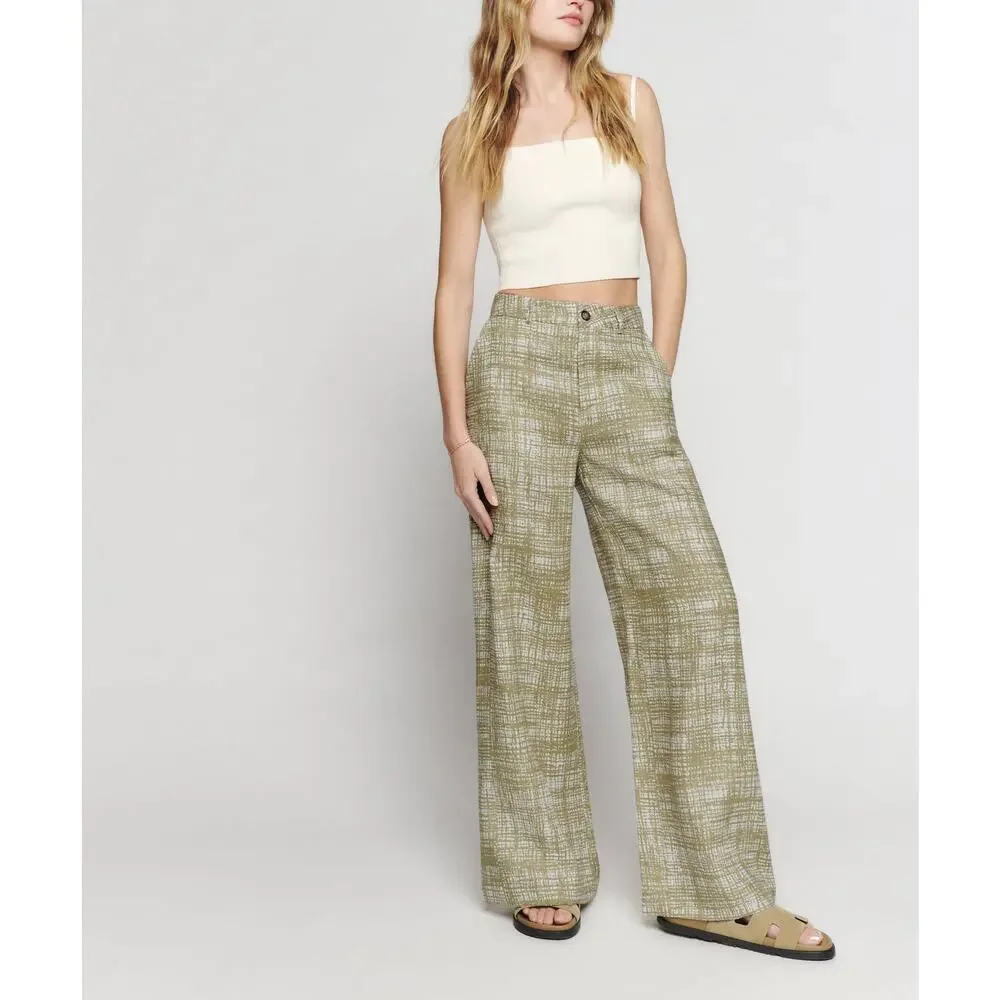 Reformation 'Jameson' Green Linen Wide Leg Pant Size 2